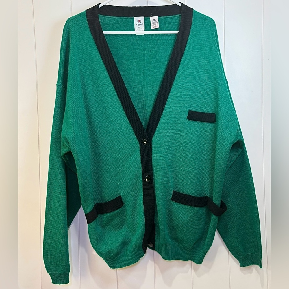 Vintage Ungaro ter Green Wool Cardigan with Black Trim and Black Tie-Back